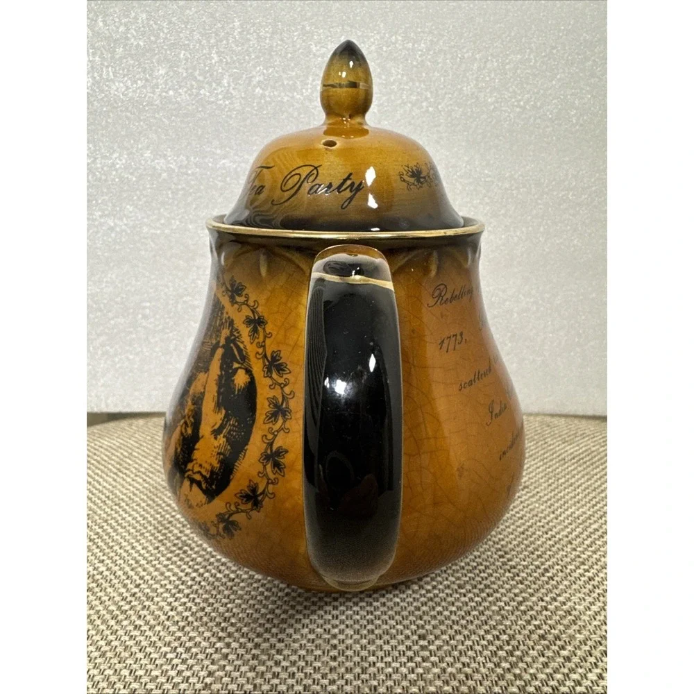 Vintage‎ Boston Tea Party 1773 Commemorative Ceramic Teapot Brown Gold Trim